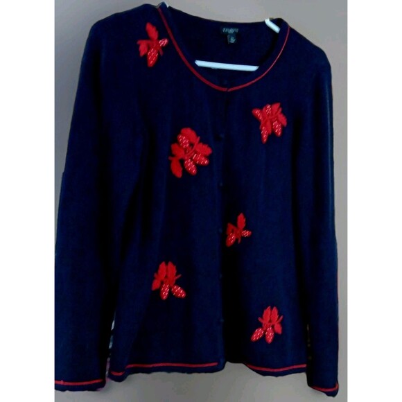 Talbots Petite S Navy Red Strawberry Embroidered Button Cardigan Y2K Cottagecore - Picture 1 of 6